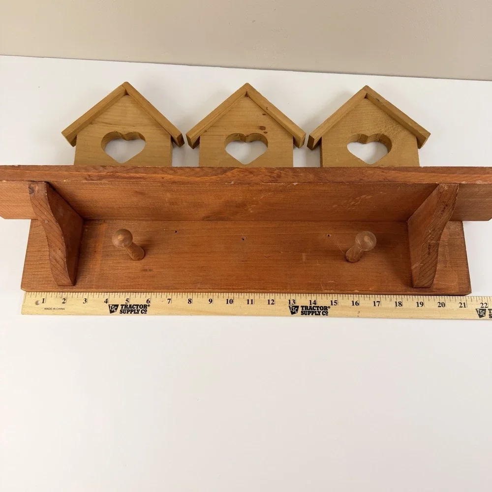Vintage Wood Birdhouse Heart Wall Shelf Key Rack Peg Hooks Farmhouse Decor